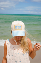 Load image into Gallery viewer, Meet Me At The Beach Yellow/Blue Hat: Blue Stripe Trucker Hat
