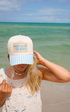 Load image into Gallery viewer, Meet Me At The Beach Yellow/Blue Hat: Blue Stripe Trucker Hat
